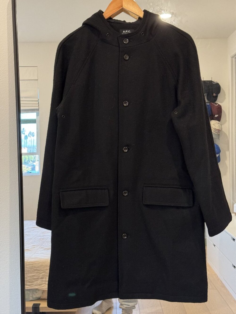 A.P.C. Long Hooded Wool Coat Black Men's M Knee Length Overcoat